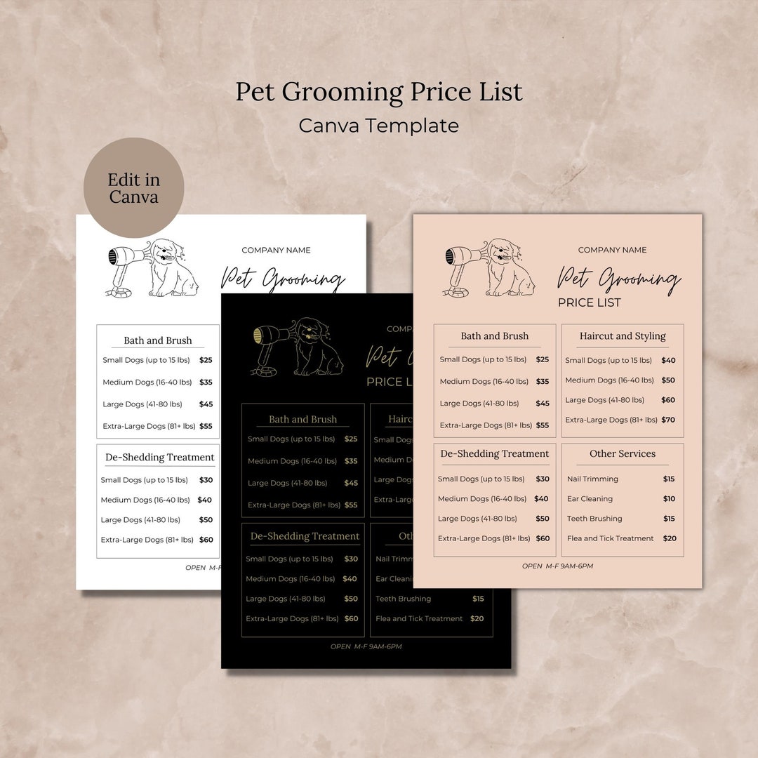 Pet Grooming Price List Canva Template, Dog Groomer Editable Price List Pet Grooming Price List Canva Template, Dog Groomer Editable Price List