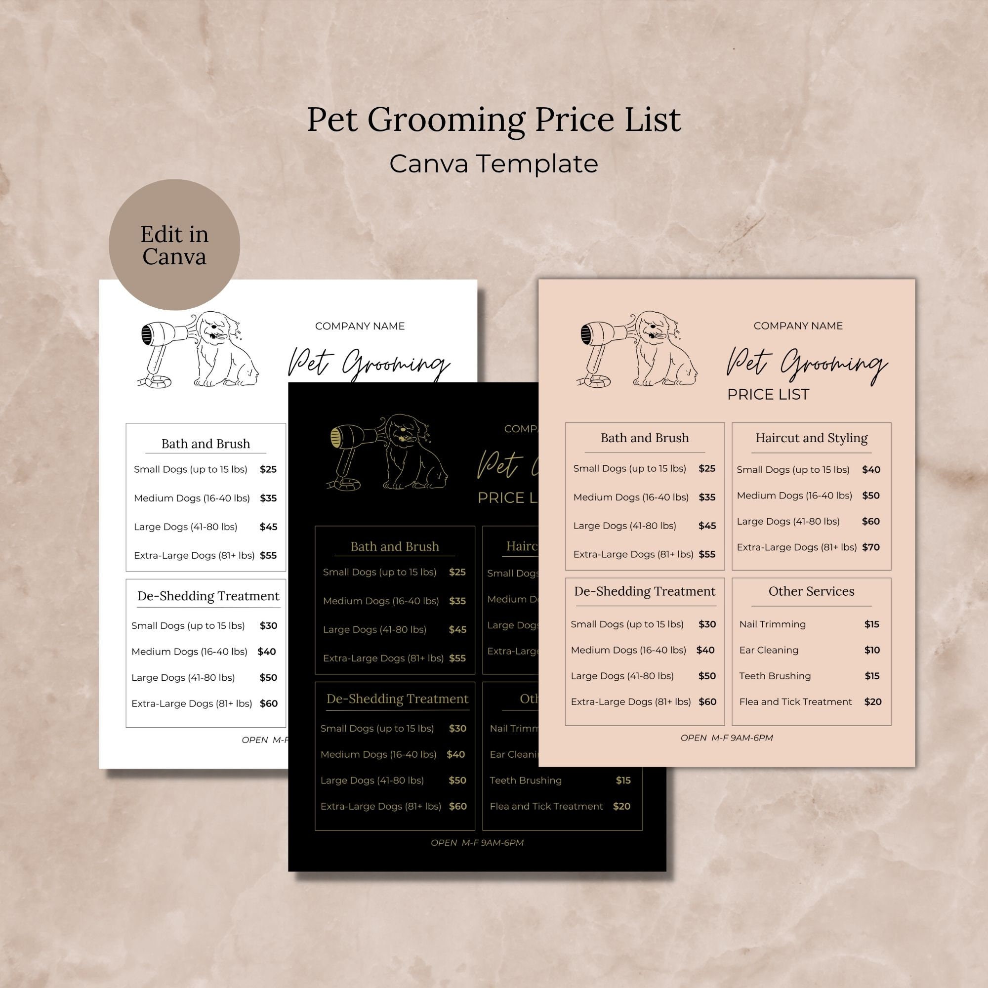 Pet Grooming Price List Canva Template, Dog Groomer Editable Price List ...