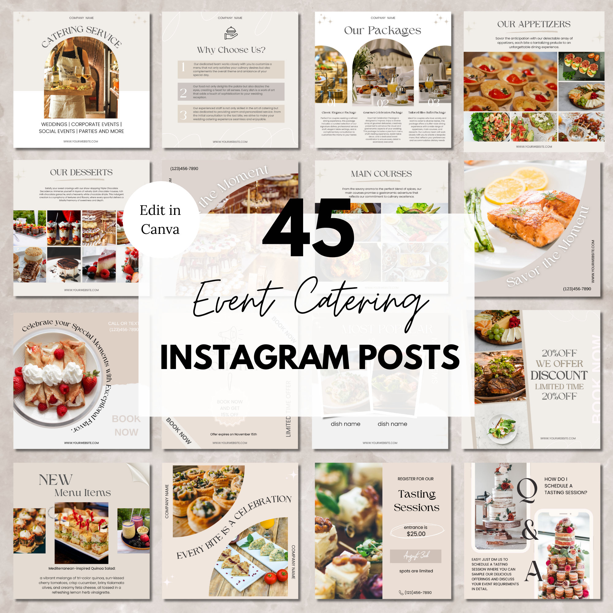 Gastro Instagram Posts Canva Template, Bearbeitbares Hochzeit Catering Social Media Instagram Posts, Event Caterer Business, Food Instagram