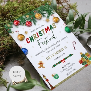 May include: A white Christmas festival invitation with a green garland of pine branches and red, green, gold, and blue ornaments. The text reads "Please join us for a Christmas Festival" and "December 21, 12:00PM-2:00PM". The invitation also includes details about the event, such as contests, prizes, food, performances, games, and more. The event will be held at Main Hall, 123 Main st, Los Angeles, California. The phone number is (123)456-7890.
