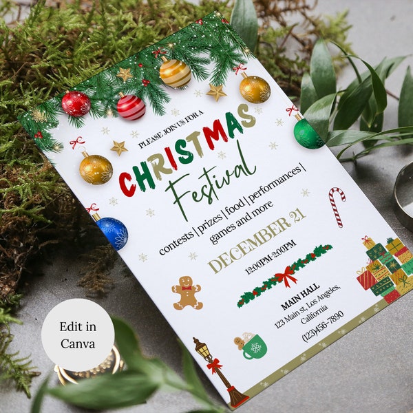 Christmas Festival Poster Canva Template, Editable Holiday Festival Flyer, Christmas Event Flyer Party, Christmas Market, Holiday Event