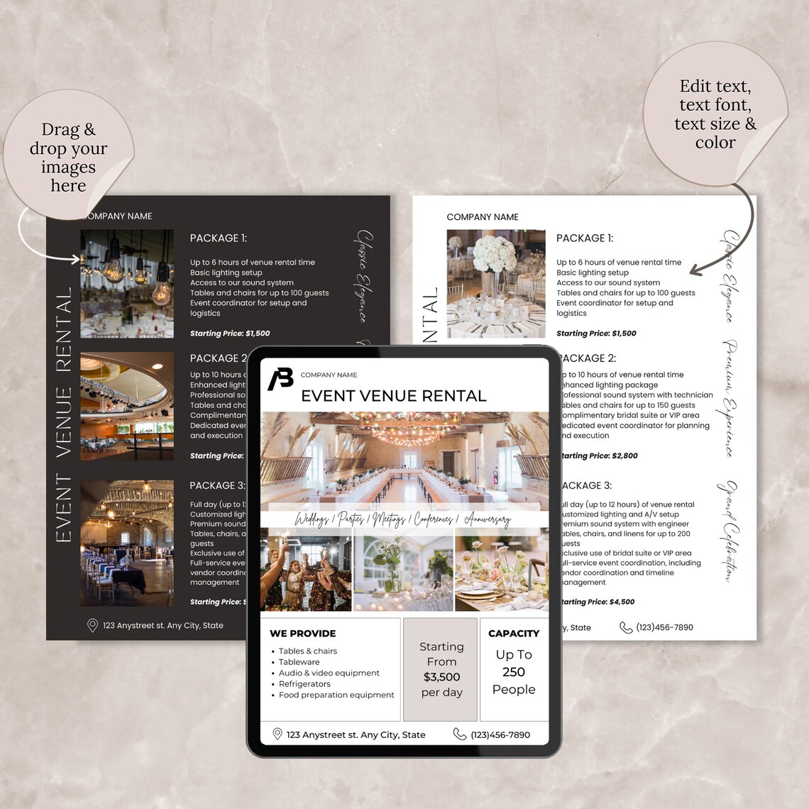 Event Venue Rental Flyer Canva Template, Venue Rental Packages Prices ...