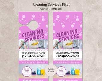 May include: A pink door hanger with a cut-out for a door knob. The hanger advertises cleaning services with the text "Cleaning Services" in a white bubble font. The text "Your Company Name (123)456-7890" is below the title. The hanger also includes a $15 off promotion for booking before February 10th. The social media handle "@yoursocial" is at the bottom of the hanger.