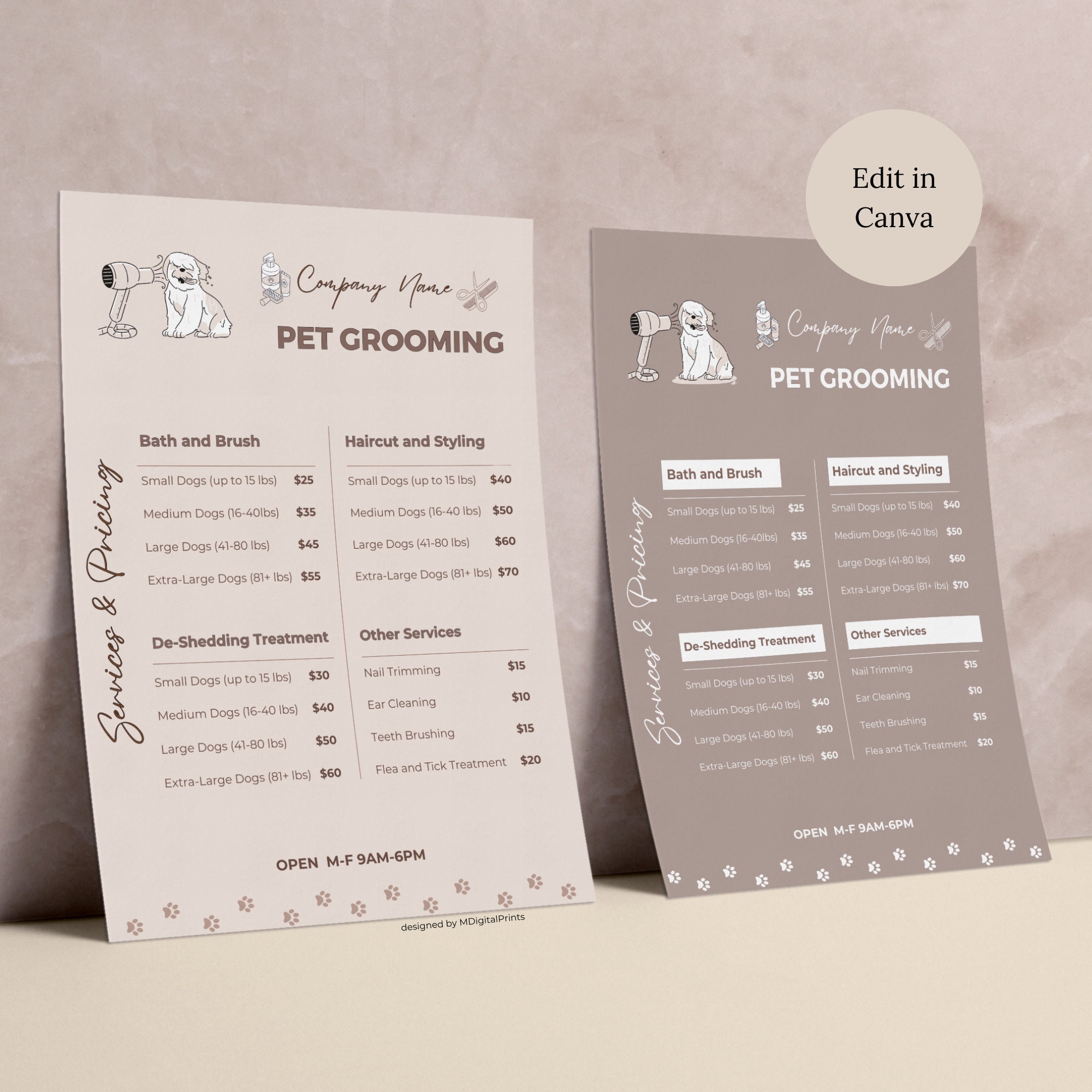 Pet Salon Grooming Price List Canva Template, Pet Groomer Editable ... - Varied Pricing Structures Pet Grooming