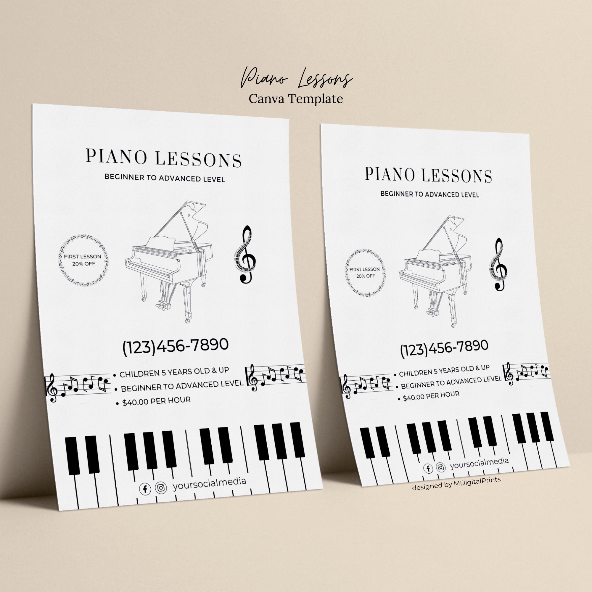 Piano Lessons Flyer Canva Template, Piano Teacher Editable Flyer, Music