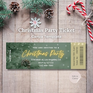 Weihnachtsevent-Karte Canva Vorlage, bearbeitbare Urlaubstickets Party Vorlage, Weihnachtsessenkarte, Einladung zum Weihnachtsfest