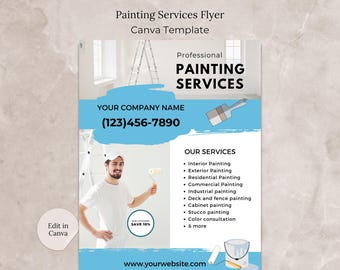 May include: A flyer advertising professional painting services. The flyer features a painter holding a paint roller, a ladder, and a paint can. The flyer includes the company name, phone number, and website address. The flyer also lists a variety of painting services offered, including interior, exterior, residential, commercial, industrial, deck and fence, cabinet, stucco, and color consultation.