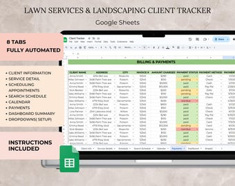 Landscaping Company Client Tracker Google Spreadsheet Template, Lawn Services Client Tracker, Lawn Business Appointment Payments Tracker CRM