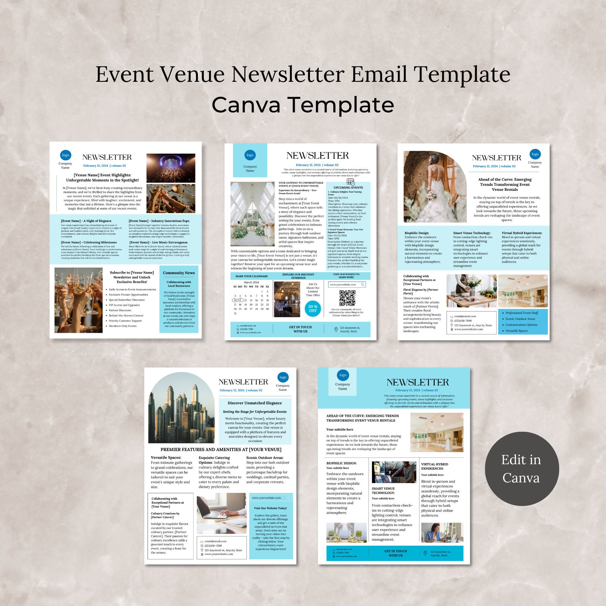 Event Venue Newsletter Template Canva, Editable Venue Rental Business ...