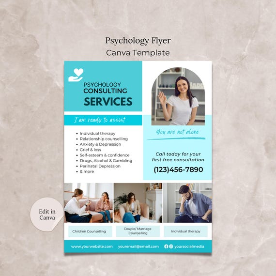 Psychology Flyer Canva Template, Editable Counseling Therapist Template, Psychology Therapy Flyer, Mental Health Flyer, Psychologist Service