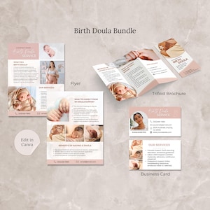 Pacote de folhetos de cartão de visita de panfleto de doula Modelos de negócios de doula de parto editáveis Canva Panfleto de parteira Brochura de parteira Cartão de doula