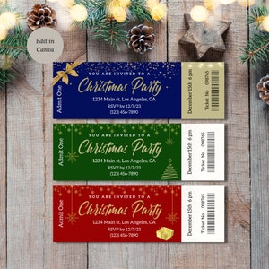 Weihnachtsevent-Karte Canva Vorlage, bearbeitbare Urlaubstickets Party Vorlage, Weihnachtsessenkarte, Einladung zum Weihnachtsfest