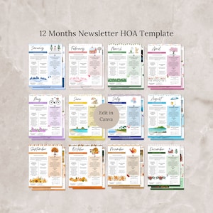 Modèle Canva de newsletter mensuelle HOA, lot de newsletters modifiable pour l'année 2025, newsletter communautaire, newsletter scolaire, actualités du quartier
