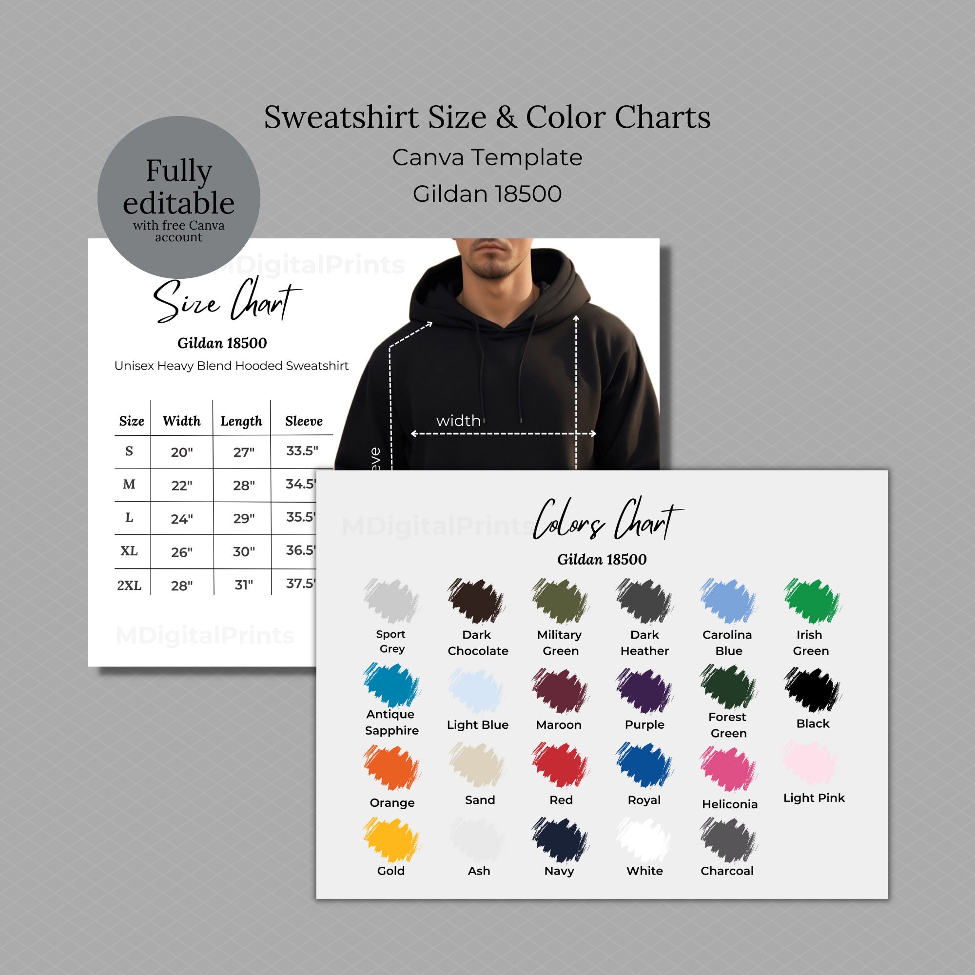 Editable Size Color Chart Canva Template, Man Hoodie Gildan 18500 Size