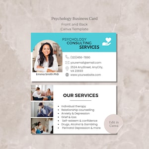 Canva-sjabloon voor visitekaartjes psychologie, bewerkbare sjabloon voor counselingtherapeut, visitekaartje psycholoog, GGZ-bedrijf