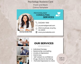 Psychology Business Card Canva Template, Editable Counseling Therapist Template, Psychologist Business Card, Mental Health Services Business