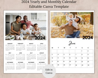 2024 Editable Yearly Calendar Photo Calendar Template Yearly Calendar One Page Calendar Canva Edit Picture Calendar 2024 diy Monthly