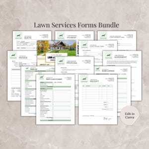 May include: A bundle of lawn service forms, including a quote, invoice, payment, and agreement templates. The forms have a green and white color scheme with a lawnmower logo. The text "Lawn Services Forms Bundle" is at the top.