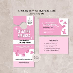 Cartão de folheto de serviço de limpeza Modelo Canva Folheto de limpeza editável Cabide de porta Cartão de visita de serviço de limpeza Cartão de visita de limpeza rosa