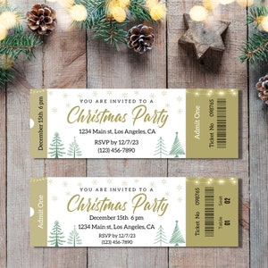 Christmas Event Ticket Canva Template, bearbeitbares Urlaubsticket Gold Snowflake Theme Weihnachtspartyeinladung, Weihnachtsessenticket