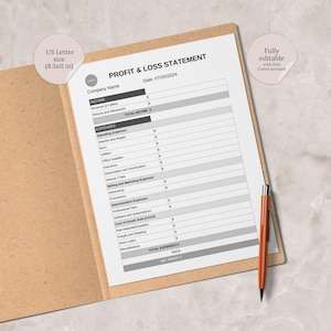 May include: A black and white printable profit and loss statement template for a business. The template is designed for US Letter size paper (8.5 x 11 inches). The template includes sections for income, expenses, total income, total expenses, tax, and net profit. The template is fully editable with a free Canva account.