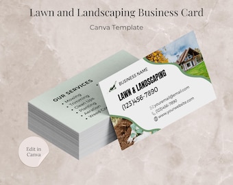 May include: A green and white business card for a lawn and landscaping company. The card features a lawnmower icon, the company name "LAWN & LANDSCAPING", a phone number (123)456-7890, an email address youremail@email.com, and a website address www.yourwebsite.com.
