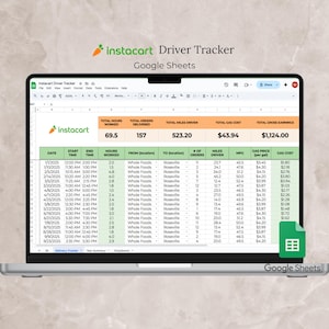 May include: A laptop screen displays an Instacart Driver Tracker spreadsheet in Google Sheets. The spreadsheet shows data including total hours worked, orders delivered, miles driven, gas cost, and earnings. The Google Sheets logo is visible.