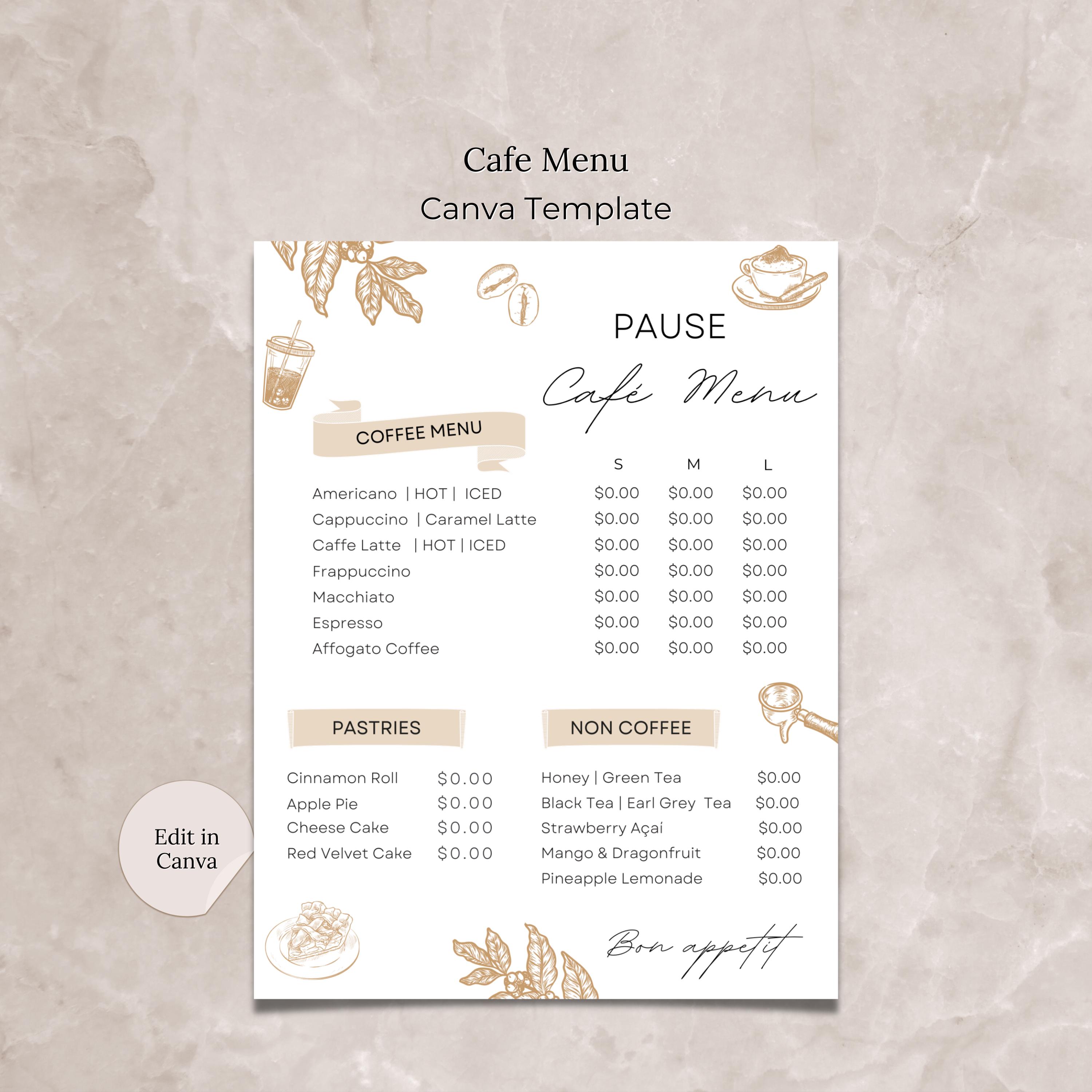 Cafe Menu Canva Template, Minimalist Coffee Shop Menu Editable Template, Coffee Shop Price List, Minimalist Menu for Coffee Shop Business