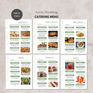 May include: A wedding catering menu with a green and white colour scheme. The menu is divided into sections for starters, salads, main courses, side dishes, desserts, and drinks. Each section lists a variety of options with descriptions.