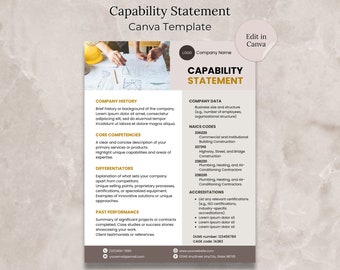 Capability Statement Canva Template Editable Capability Statement Document Government Contracting Business Document Template Construction