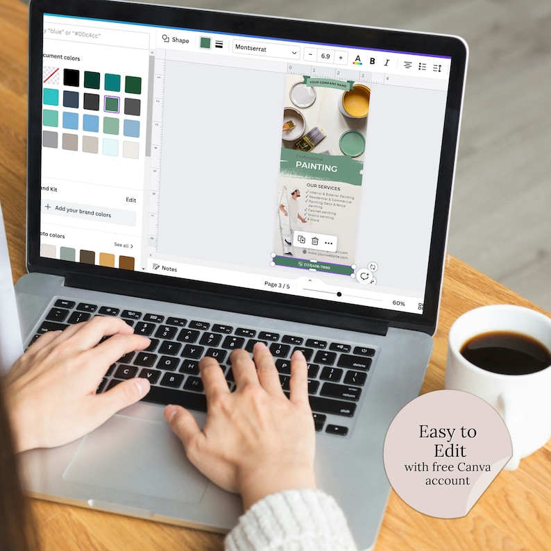 May include: A laptop computer with a design program open on the screen. The program shows a design for a painting business flyer with the text "Professional Painting" and "Our Services". The text "Easy to Edit with free Canva account" is on the right side of the image.