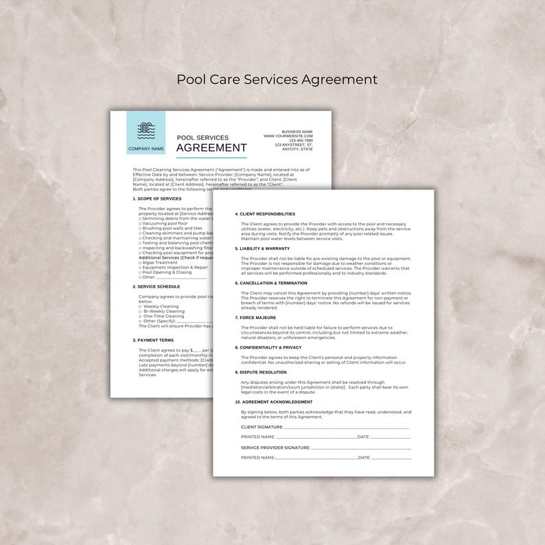 Pool Preposal Pool Cleaning Service Agreement Contract Template Editable Pool Care ...