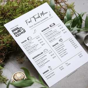 Food Truck Menü Canva Vorlage, bearbeitbares mexikanisches Food Truck Menü, minimalistische Food Truck Menüvorlage, US Letter Size Menüpreisliste