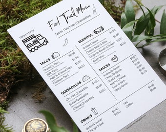 Food Truck Menu Canva Template, Editable Mexican Food Truck Menu, Minimalist Food Truck Menu Template, US Letter Size Menu Price List