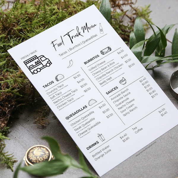 Food Truck Menu Canva Template, Editable Mexican Food Truck Menu, Minimalist Food Truck Menu Template, US Letter Size Menu Price List