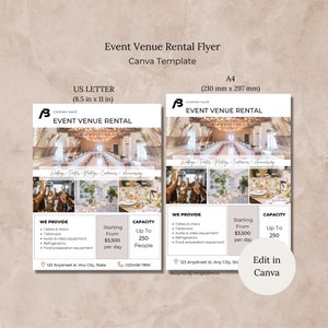 Modello di volantino per affitto di locali per eventi Canva, modello di volantino modificabile per attività di affitto di locali, offerta di affitto di locali per matrimoni, volantino di affitto di locali per feste