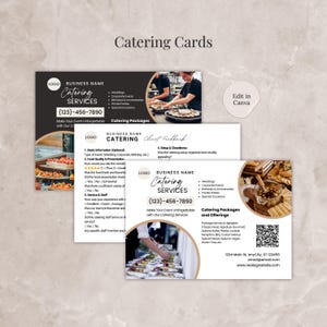 Sjabloon cateringflyerkaarten Canva, bewerkbare zakelijke cateringsjablonen, kaarten cateringservices, bundel feedbackkaarten cateringklant