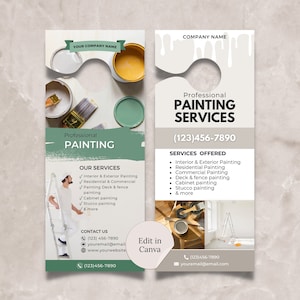 May include: A door hanger with a green and white design. The text on the door hanger reads "Professional Painting Services (123)456-7890". The door hanger also lists services offered, such as interior and exterior painting, residential painting, commercial painting, deck and fence painting, cabinet painting, stucco painting, and more. The door hanger also includes contact information, such as a phone number and email address.