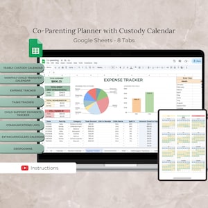 Peut inclure: Un planificateur numérique de coparentalité affiché sur un ordinateur portable et une tablette. Le planificateur comprend des sections pour les calendriers de garde, le suivi des dépenses et les journaux de communication. L'écran affiche un diagramme circulaire et un graphique en barres.