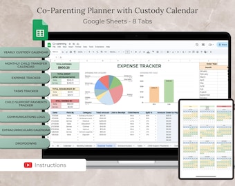 Co-Parenting Planner Google Sheets, Custody Planner Calendar, Child Support & Expense Tracker