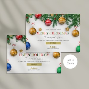 Modelo de canva de cartão de agradecimento comercial de férias, cartão de agradecimento de Natal editável, cartões de Natal para pequenas empresas, cartões de inserção de Natal