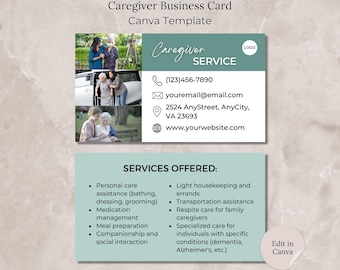 Caregiver Business Card Canva Template Bundle, Elderly Care Card Template, Editable Home Care Business Card, Senior Elder Care Service Card