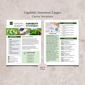 May include: A two-page Capability Statement Canva template. The document features sections for company information, NAICS codes, certifications, differentiators, core competencies, and past performance. The design incorporates green accents and a professional layout.