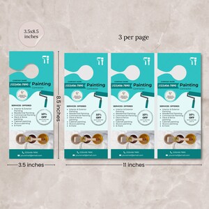 May include: A teal blue door hanger with a white outline and a paint roller graphic. The text "Painting Contractor" is printed in white on a blue background. The text "(123)456-7890" is printed in white on a blue background. The text "Services Offered" is printed in black on a white background. The text "Interior & Exterior Painting" is printed in black on a white background. The text "Residential Painting" is printed in black on a white background. The text "Commercial Painting" is printed in black on a white background. The text "Deck & fence painting" is printed in black on a white background. The text "Cabinet painting" is printed in black on a white background. The text "Stucco painting" is printed in black on a white background. The text "& more" is printed in black on a white background. The text "10% OFF" is printed in white on a red background. The text "yourname@email.com" is printed in black on a white background. The text "(123)456-7890" is printed in black on a white background. The door hanger is 3.5 inches wide and 8.5 inches tall.