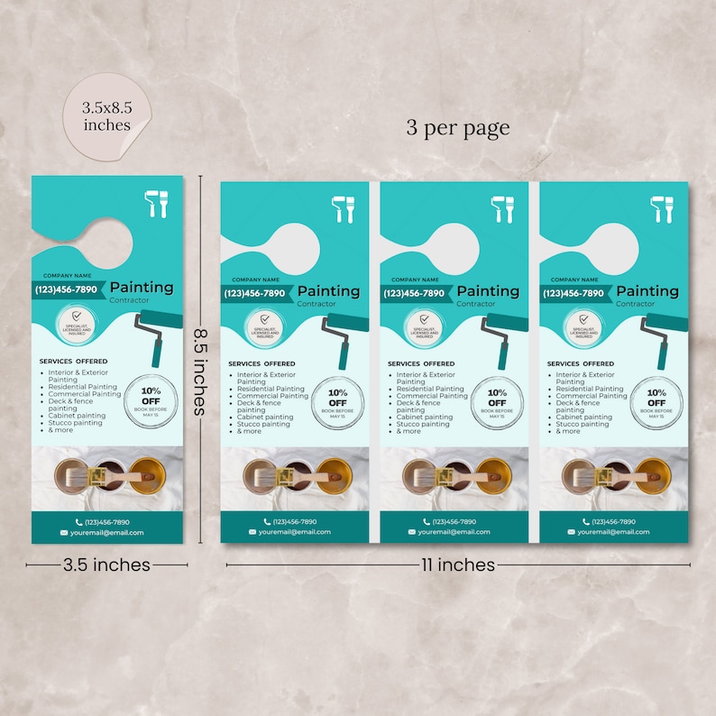 May include: A teal blue door hanger with a white outline and a paint roller graphic. The text "Painting Contractor" is printed in white on a blue background. The text "(123)456-7890" is printed in white on a blue background. The text "Services Offered" is printed in black on a white background. The text "Interior & Exterior Painting" is printed in black on a white background. The text "Residential Painting" is printed in black on a white background. The text "Commercial Painting" is printed in black on a white background. The text "Deck & fence painting" is printed in black on a white background. The text "Cabinet painting" is printed in black on a white background. The text "Stucco painting" is printed in black on a white background. The text "& more" is printed in black on a white background. The text "10% OFF" is printed in white on a red background. The text "yourname@email.com" is printed in black on a white background. The text "(123)456-7890" is printed in black on a white background. The door hanger is 3.5 inches wide and 8.5 inches tall.