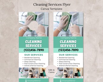 May include: A teal and white flyer advertising cleaning services. The flyer features a photo of a gloved hand cleaning a glass surface. The text on the flyer reads "Cleaning Services", "(123)456-7890", "Our Services", "Residential Cleaning", "Commercial Cleaning", "Deep Cleaning", "Post-Construction Cleaning", "Airbnb & Rental Cleaning", "Edit in Canva", "www.yourwebsite.com", and "youremaligemail.com".