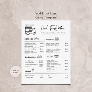 Modelo de menu de food truck Canva, menu de fast food editável, modelo de menu de food truck minimalista, lista de preços de menu tamanho carta dos EUA, menu de cachorro-quente