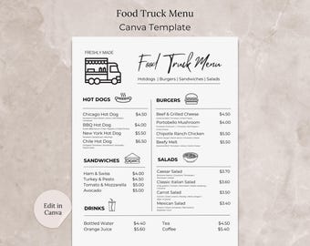 Food Truck Menu Canva Template, Editable Fast Food Menu, Minimalist Food Truck Menu Template, US Letter Size Menu Price List, Hot Dogs Menu