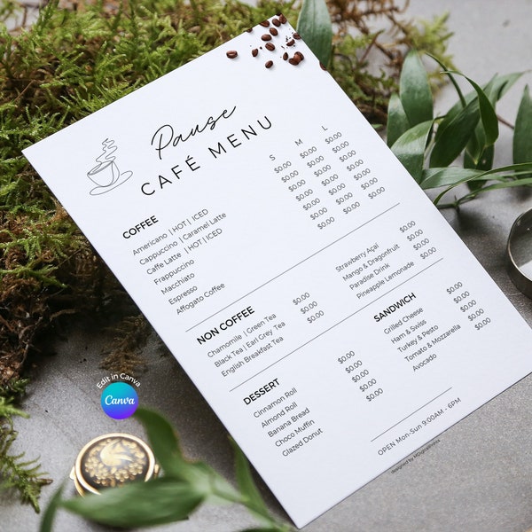 Cafe Menu Canva Template, Coffee Shop Menu Editable Template, Coffee Shop Price List Template, Restaurant Menu for Coffee Shop Business