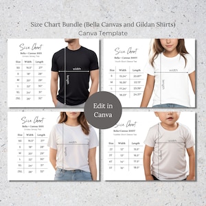 Editable Shirt Size Chart Bundle Canva Template, Bella Canvas 3001 and Gildan Size Chart, Printify Size Chart Template, Youth Toddler Charts